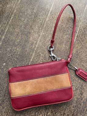 COACH Leather Wristlet Pouch in Red and Tan